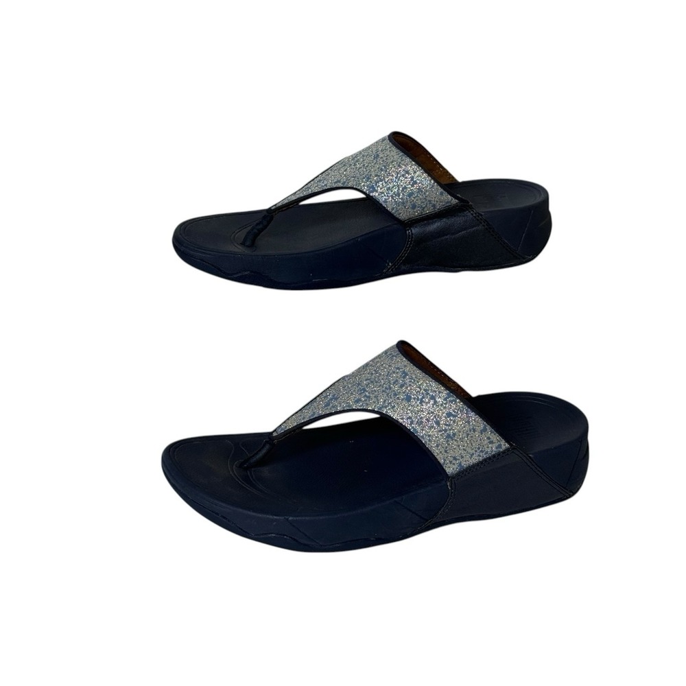 FitFlop‎ Lulu Glitter Splash Womens Toe Post Sandals Thongs Navy/Silver Size 8